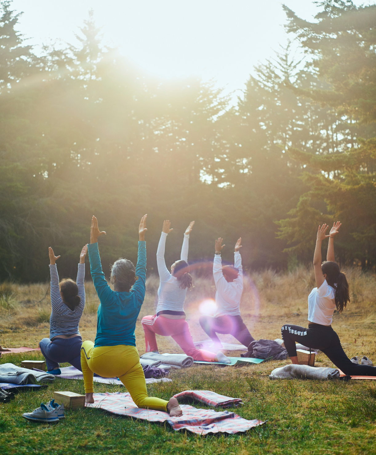 Group of people practicing yoga outdoors in a forest during sunset Langley, British Columbia, Canada